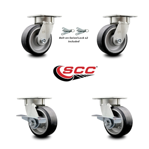 5 Inch Kingpinless Rubber on Aluminum Wheel Caster Swivel Locks 2 Brakes, 2PK